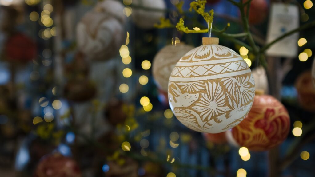 Christmas ornaments stylized with Mexican motifs