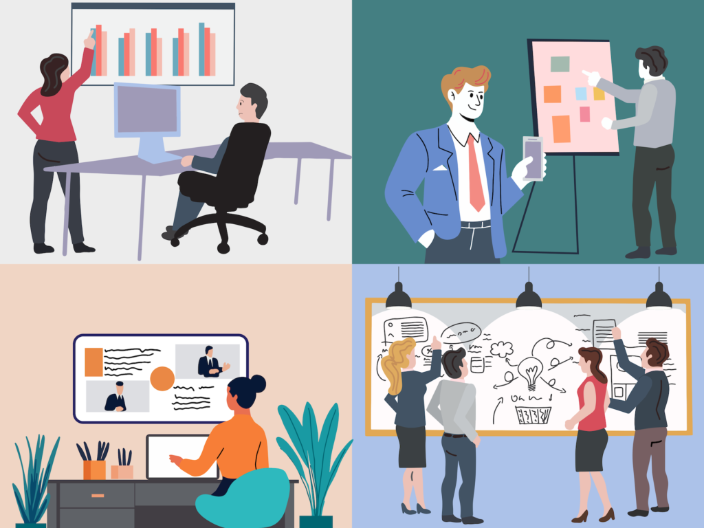 Illustrations of different people trying to network and collaborate