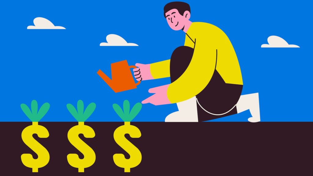Illustration showing a person watering plants in the shape of dollar signs, representing the finance culture