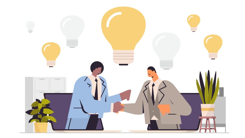 Illustration of a businessman in sales interacting with a client, with lightbulbs on the background