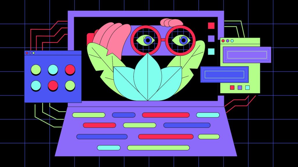 Illustration showing a computer with binoculars inside, as well as windows popping up, to showcase the technology culture
