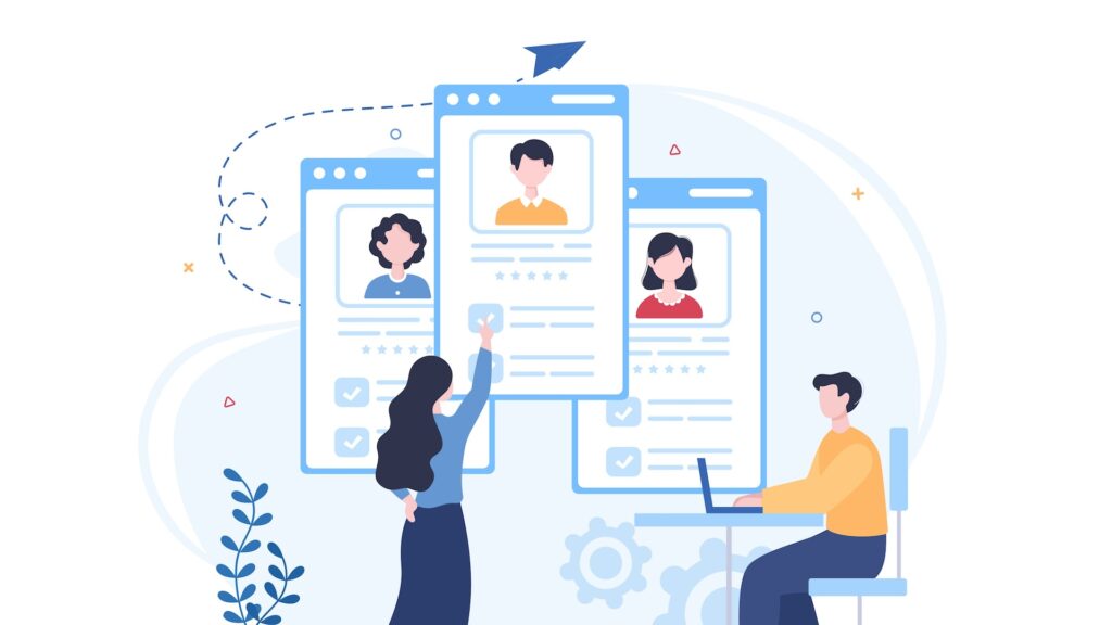 Illustration of a group of employees in HR reviewing digital profiles of people