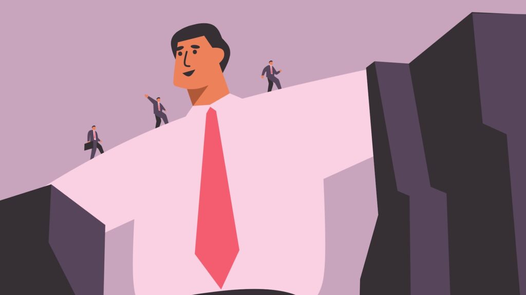 Illustration of a large leader figure with smaller professionals climbing toward him, representing leadership in hierarchical cultures and the human connection between authority and team loyalty.