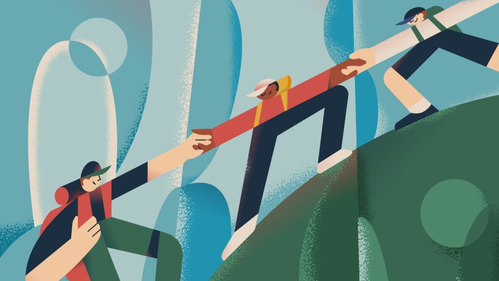 Illustration of people helping each other climb, symbolizing loyalty, trust, and teamwork.