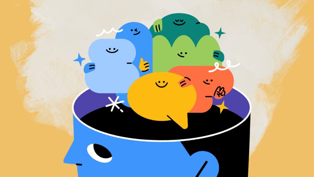 Illustration of a blue head with colorful emotion bubbles representing emotional intelligence and cross-cultural communication.