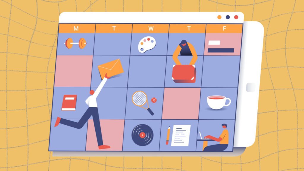 Illustration of a calendar with two figures adding objects to represent plans on their schedule
